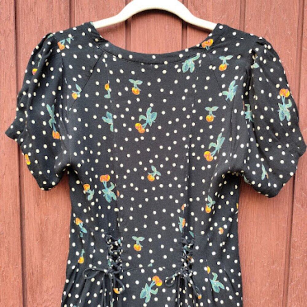 FREE PEOPLE | Polka Dot Cherry Print Midi Dress Lace-Up Corset Retro Mod 8 - Picture 8 of 15